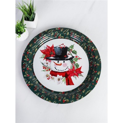 Поднос круглый 36 см металл Эмаль Снеговик Новогодний /SN -619 /уп 100/