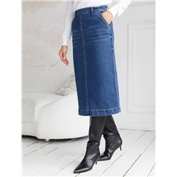 Джинсовая юбка прямая с разрезом и декоративной стиркой  из эластичного денима