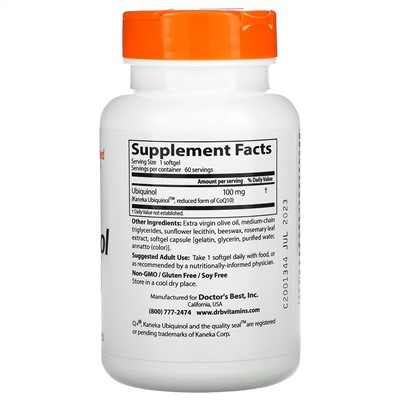 Doctor's Best, убихинол с Kaneka, 100 мг, 60 капсул