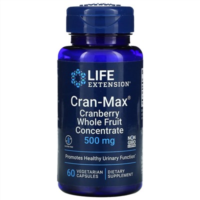 Life Extension, Cran-Max, концентрат цельных ягод клюквы, 500 мг, 60 вегетарианских капсул