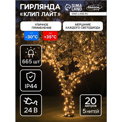 УЦЕНКА Гирлянда «Клип-лайт» 5 нитей по 20 м, IP44, УМС, тёмная нить, 665 LED, свечение тёплое белое, мерцание всех светодиодов, 24 В