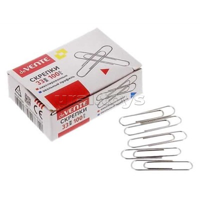 Скрепки металлические овальные никелированные 33 мм, 100 шт в картонной коробке