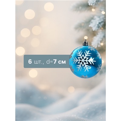 Ёлочные игрушки «Снегопад», шары новогодние, набор 6 шт., d=7 см, голубой