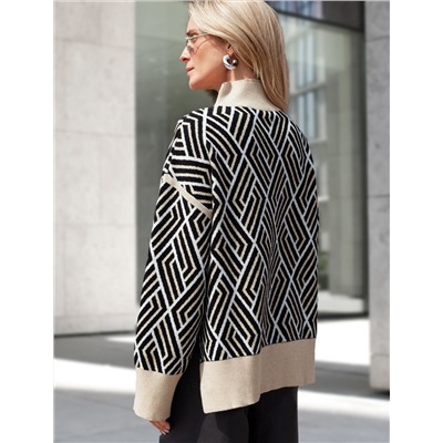 Свитер с боковыми разрезами жаккардовой вязки с кашемиром