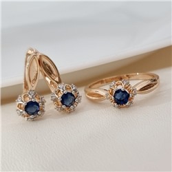 Комплект ювелирной бижутерии коллекция "Дубай" серьги и кольцо 18 р, покрытие позолота, вставка: фианиты и цирконы, цвет: синий и прозрачный, арт.215.677-18