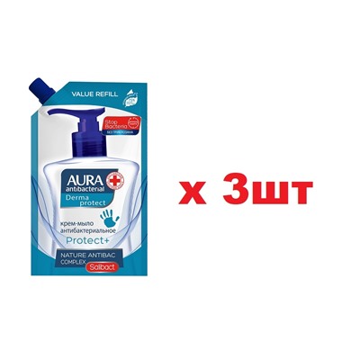 Aura Жидкое мыло 500мл Антибактериальное Derma Protect дой-пак 3шт