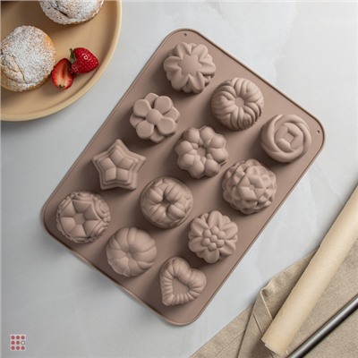 Форма для выпечки 12 ячеек 33x25х3,5см "Цветы", силикон