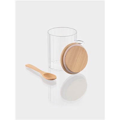 Сахарница BellaTenero, 500 мл, 8×8×10.4 см, с бамбуковой крышкой, держателем для ложки, стекло, прозрачная