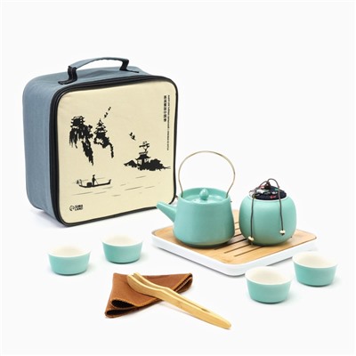 Набор для чайной церемонии ДЖЕКИЧАЙ «Харбин», 10 предметов, на 4 персоны, чашка 40 мл, чайник 200 мл, керамика, бирюзовый