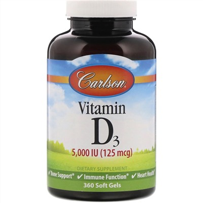 Carlson Labs, Витамин D3, 125 мкг (5000 МЕ), 360 мягких желатиновых капсул