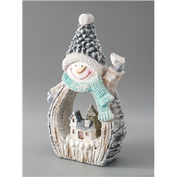 УЦЕНКА Сувенир керамика свет «Снеговик с птицей и зимним домиком, срез дерева» 41×25×9 см