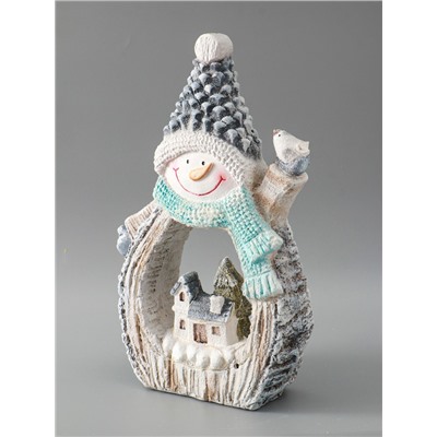 УЦЕНКА Сувенир керамика свет «Снеговик с птицей и зимним домиком, срез дерева» 41×25×9 см