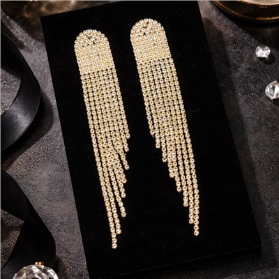 Серьги длинные женские вечерние со стразами, цвет: золотистый и прозрачный, арт.012.050