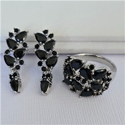 Комплект ювелирная бижутерия серьги и кольцо 17 р, покрытие: посеребрение, вставка: фианиты, цвет: черный, арт.313.039-17