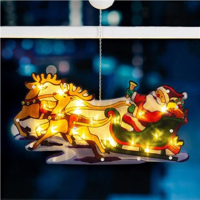 Светодиодная фигура на присоске «Дед Мороз в санях» 44×25 см, пластик, батарейки АААх3 (не в комплекте), свечение тёплое белое