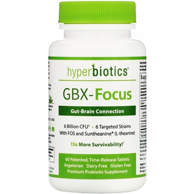 Hyperbiotics, GBX-Focus, Gut-Brain Connection, 6 млрд КОЕ, 60 запатентованных таблеток постепенного высвобождения