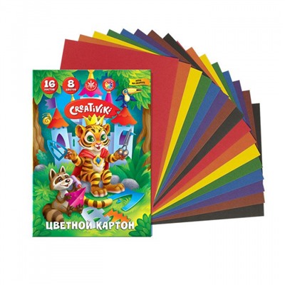 Набор цветного картона А4 16л 8цв КЦ16Л8ЦКР Creativiki