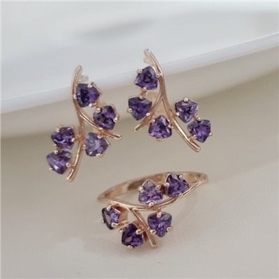 Комплект ювелирной бижутерии коллекция "Дубай" серьги и кольцо 18 р, покрытие позолота, вставка: фианиты, цвет: фиолетовый, арт.215.498-18