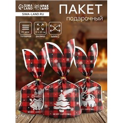 Пакет полиэтиленовый подарочный новогодний, с ушками «Клетка красная», МИКС, 13×23 см