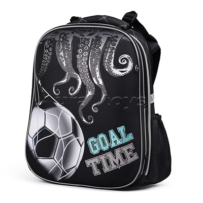 Рюкзак каркасный, Goal time, формованный из полимеров, материал: нейлон, полиэстер, полноцветная печать, вышивка, аппликация. 2 отделения на молнии, 2 бегунка на каждой молнии, 2 боковых кармана, светоотражатели , жесткая эргономичная спинка;  широкие, ре