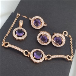 Комплект ювелирная бижутерия коллекция  "Дубай" серьги,кулон, браслет и кольцо 17 р, покрытие: позолота, вставка: фианиты, цвет: прозрачный и фиолетовый, арт.213.754-17