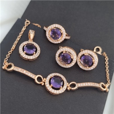 Комплект ювелирная бижутерия коллекция  "Дубай" серьги,кулон, браслет и кольцо 19 р, покрытие: позолота, вставка: фианиты, цвет: прозрачный и фиолетовый, арт.213.754-19