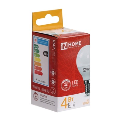 Лампа светодиодная IN HOME LED-ШАР-VC, 4 Вт, 230 В, Е14, 3000 К, 380 Лм