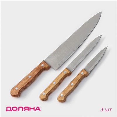 Набор кухонных ножей Доляна Wood, набор 3 шт., лезвие: 8 см, 12 см, 19.5 см, ручка деревянная
