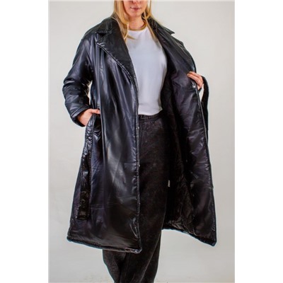 Стеганое теплое пальто из экокожи, арт.355 (Черный)