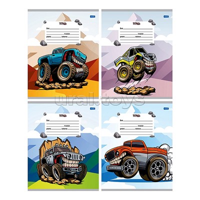 Тетрадь 12л. косая линия "Зубастый автомобиль" цв.мелов.обл., 4 дизайна в короб