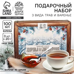 Подарочный набор новогодний «Тайны матушки зимы»: сбор трав 3 шт. × 20 г, варенье из сосновых шишек, 100 мл.