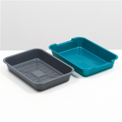 Туалет для кошек, 36×26×6.5 с, средний, с сеткой, пластик, серый, бирюзовый