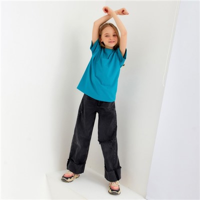 Футболка детская однотонная MINAKU: Basic line, бирюзовая, рост 140 см