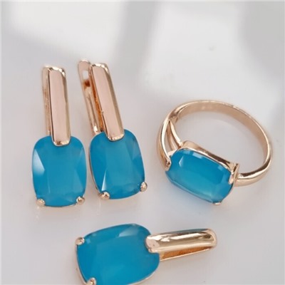 Комплект ювелирной бижутерии коллекция "Дубай" серьги, кулон и кольцо 19 р, покрытие позолота, вставка: фианиты, цвет: голубой матовый, арт.215.389-19