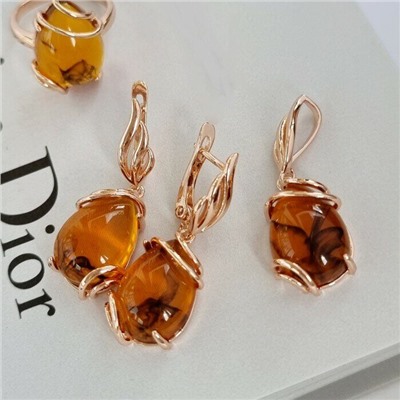 Комплект ювелирной бижутерии коллекция "Дубай",серьги, кулон, кольцо(цепочка в комплект не входит)  покрытие позолота, камень янтарь, р-р 20, 5267, арт.214.984-20