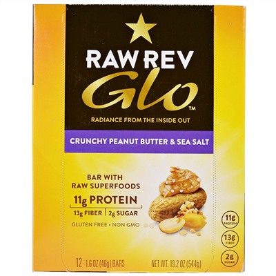 Raw Rev, Glo, хрустящее арахисовое масло и морская соль, 12 батончиков, 1,6 унции (46 г)