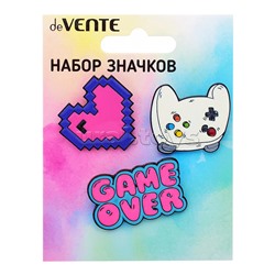 Набор значков "Game over" эмалированные, размер изделий: Game over 3,6x2,2 см, сердце 2,9x2,8 см, джойстик 3x2,6 см, на карточке 7,0x9,5 см с пластиковым пакетом