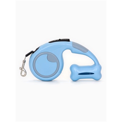 Рулетка - поводок «Косточка», 3 м, с контейнером для пакетов, пластик, голубая