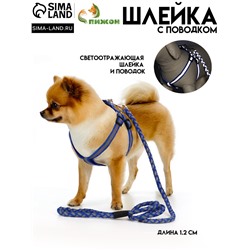 Шлейка с поводком «Плетенка», ОГ 32-48×1.5 с, поводок 115×1 см, флуоресцентная, синяя