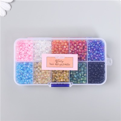 Бисер стекло 6/0 в шкатулке 10 делений «Разноцветный», 1 деление=10 г, 12.8×6.5×2.2 см