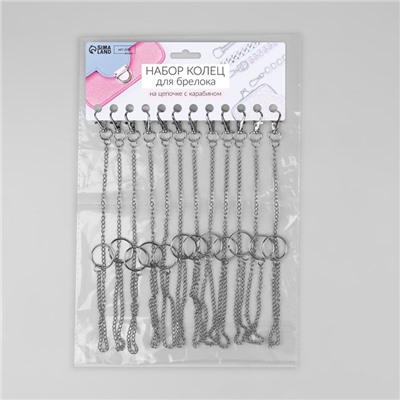 Кольцо для брелока на цепочке, с карабином, d=25 мм, 35.5 см, 12 шт., цвет серебряный