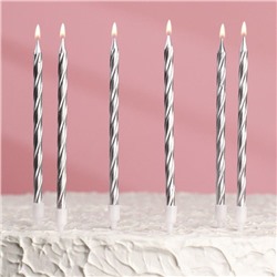 Свечи для торта 14см "С Днем рождения" серебристые с подставками (упаковка 6 шт.)