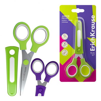 Ножницы детские 130 мм "Юниор" с пластиковым чехлом и именным стикером, в блистере 58196 ErichKrause