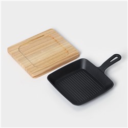 Сковорода «Квадрат. Гриль», 19×3 см, на деревянной подставке, индукция, чугун, чёрная