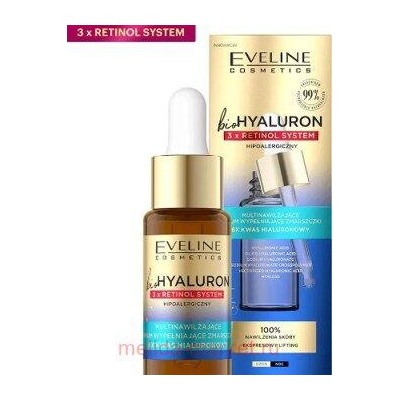 Eveline Сыворотка мультиувлажняющая Bio Hyaluron 3 x Retinol System заполняющая морщины день ночь 18 мл