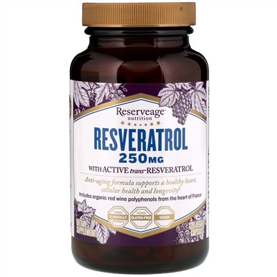 ReserveAge Nutrition, Ресвератрол с активным транс-ресвератролом, 250 мг, 120 растительных капсул