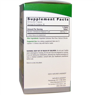 Nature's Answer, Mullein Leaf, 500 mg, 90 Vegetarian Capsules