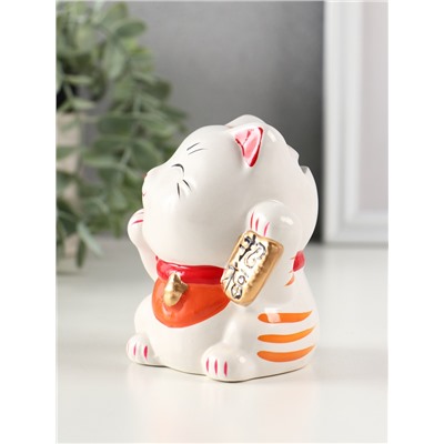 Копилка для денег «Манэки-нэко - иероглиф удача», керамика, оранж, 7.2×8.3×10 см