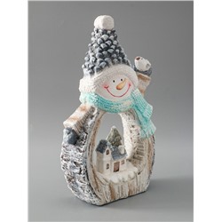 УЦЕНКА Сувенир керамика свет «Снеговик с птицей и зимним домиком, срез дерева» 41×25×9 см