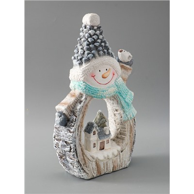 УЦЕНКА Сувенир керамика свет «Снеговик с птицей и зимним домиком, срез дерева» 41×25×9 см